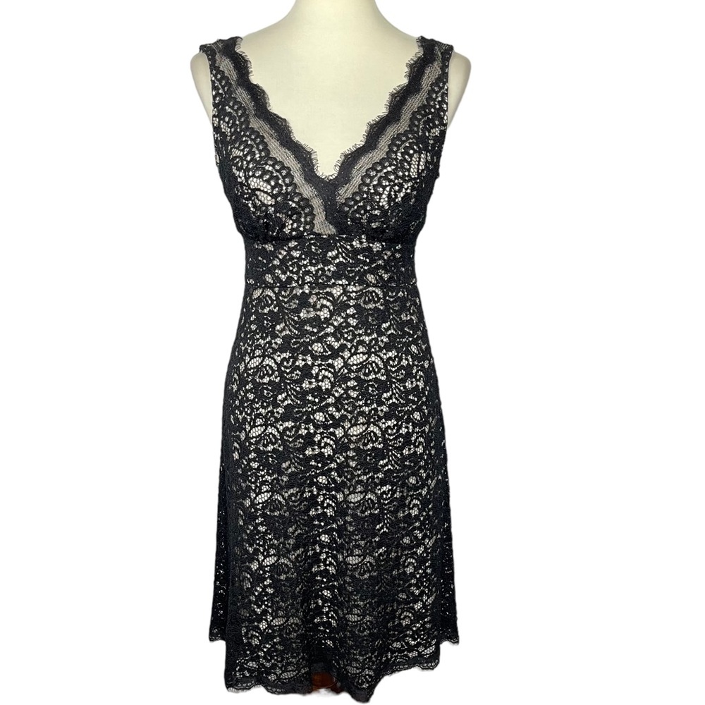 WHBM Dress Womens 2 Black Lace Overlay Nude Slip Deep V-Neck Tie Back Cocktail
